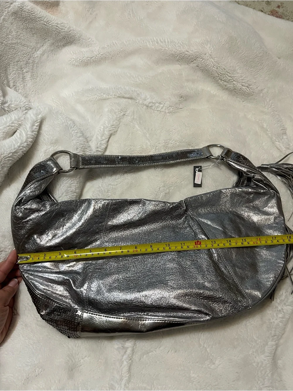 bebe Metallic Silver/pewter Fringe Hobo Shoulder Bag